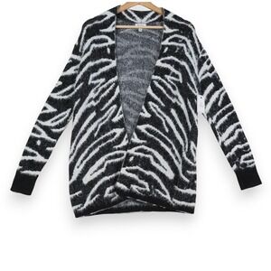 Susina Zebra Print Fuzzy Cardigan XS Black White Open Front Sweater Cozy Indie